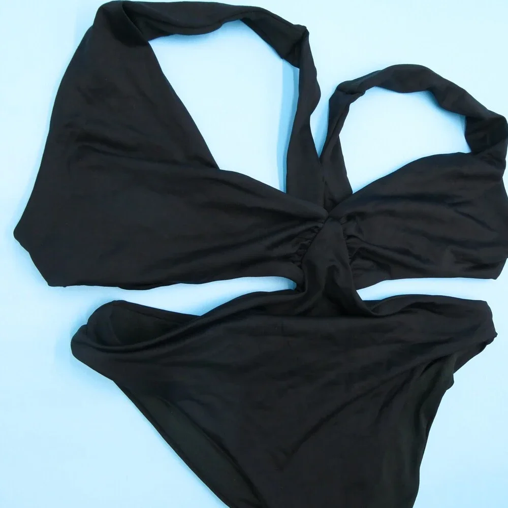 Agua Bendita Medium Black Smooth‎ One Piece Ruffle Swimsuit Cutout Strappy Beach